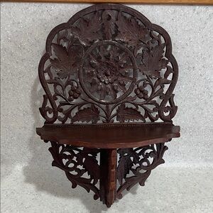 Vtg INDIA Hand Carved Wood Wooden Folding Shelf Intricate Leaf Design Leaves